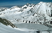 Tatry zima. Dolina Pieciu Stawow Polskich.  Wielki Staw w dole i Kozi Wierch po prawej.