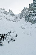 Tatry, zima. Lawina w Malej Swistowce, na zdjeciu tor lawiny ze stokow Uplazianskiej Kopy do Malej Swistowki waskim zlebem przez prog skalny.